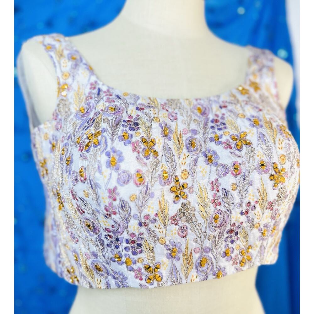 Handcrafted Kalki India Embroidered Sequin Floral Crop Top Purple Small